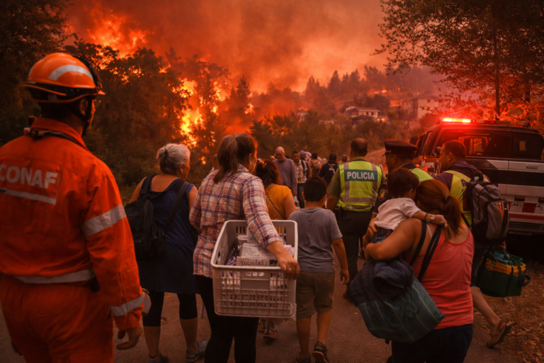 Personas evacuando junto a personal de CONAF y Carabineros durante un incendio forestal que amenaza viviendas en Chile